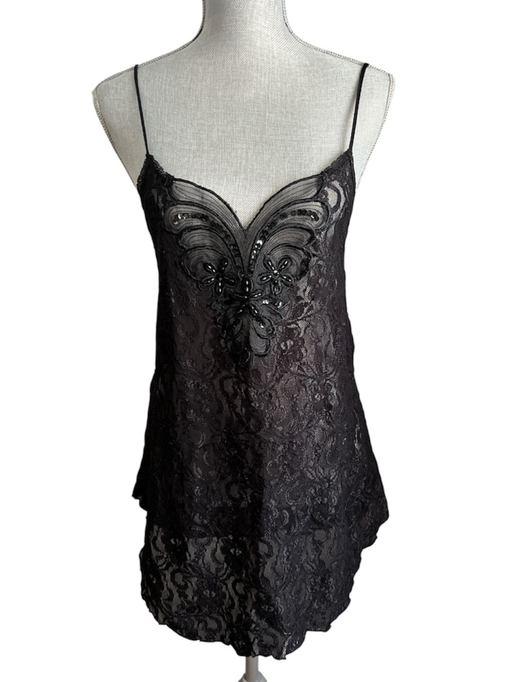Vintage Adonna Black Butterfly Lace Slip Dress Chemise